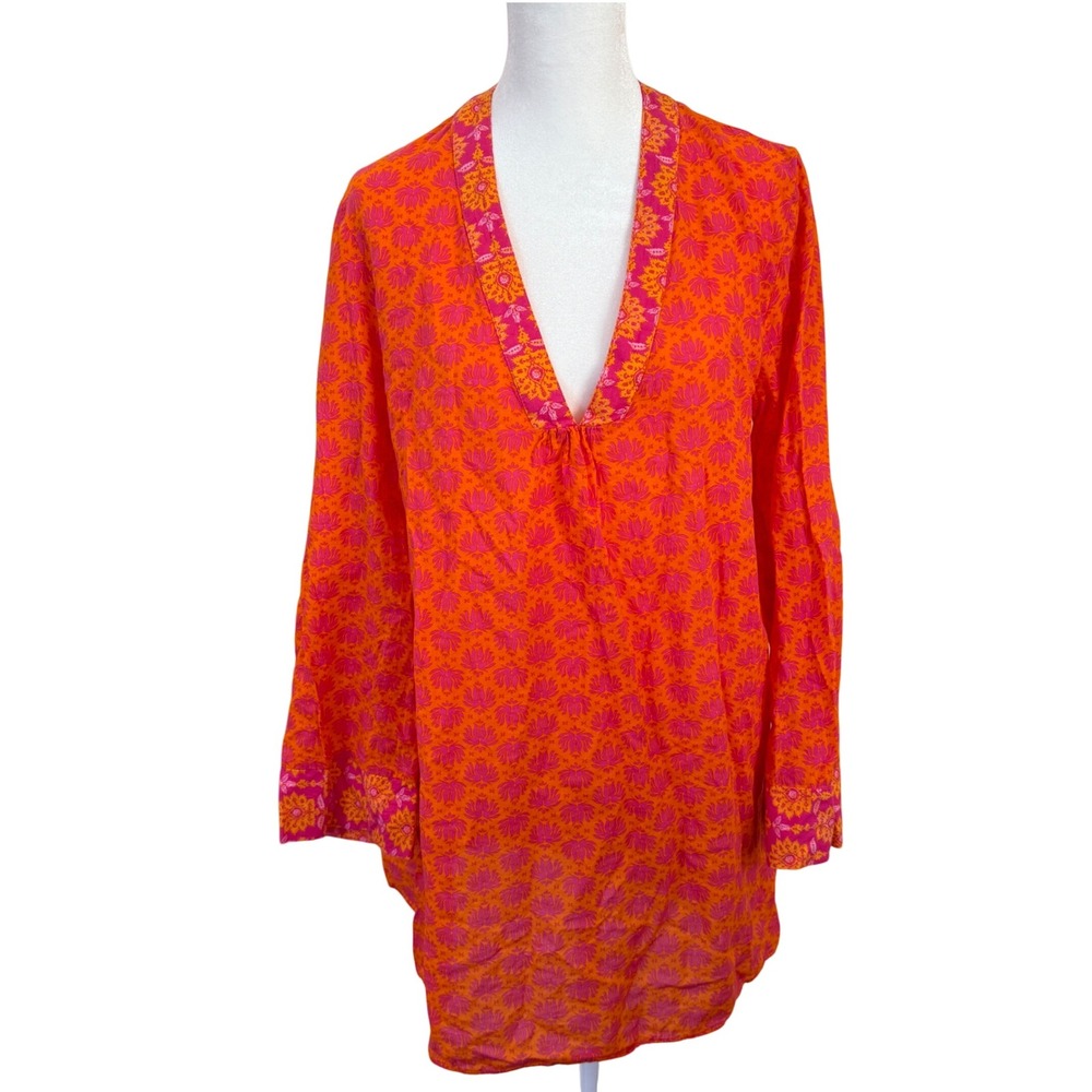 Zara Women's Boho Tunic Top Small Orange Pink Floral Print Cotton Long Sleeve